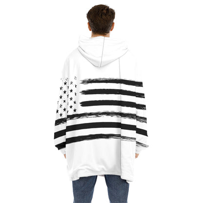 White And Black USA Flag Print Hoodie Blanket