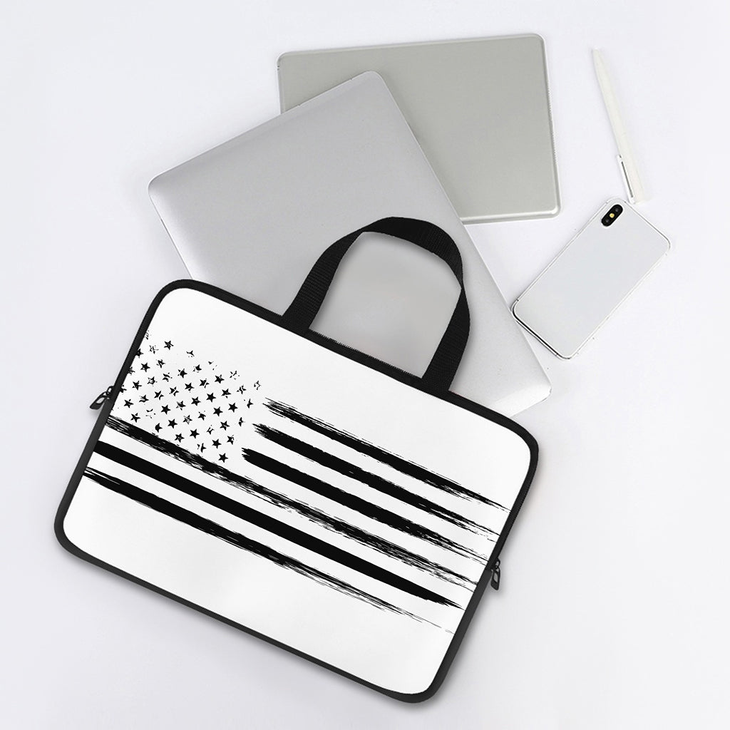 White And Black USA Flag Print Laptop Sleeve With Handle