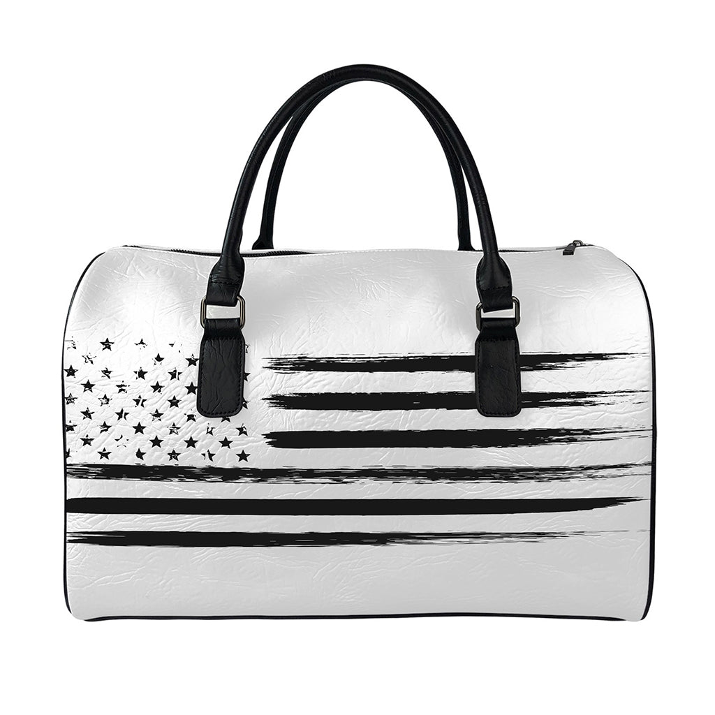 White And Black USA Flag Print Leather Duffle Bag