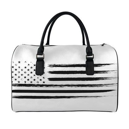 White And Black USA Flag Print Leather Duffle Bag
