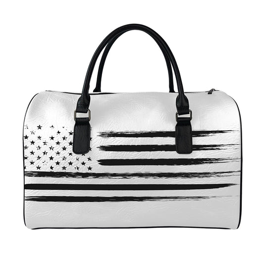 White And Black USA Flag Print Leather Duffle Bag