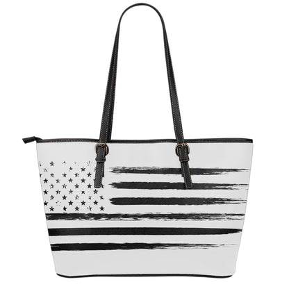 White And Black USA Flag Print Leather Tote Bag