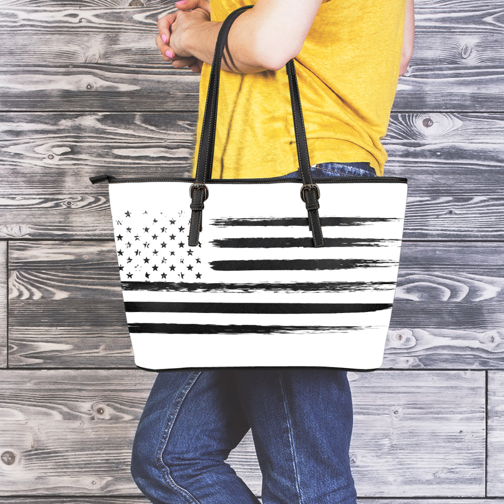 White And Black USA Flag Print Leather Tote Bag