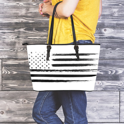 White And Black USA Flag Print Leather Tote Bag