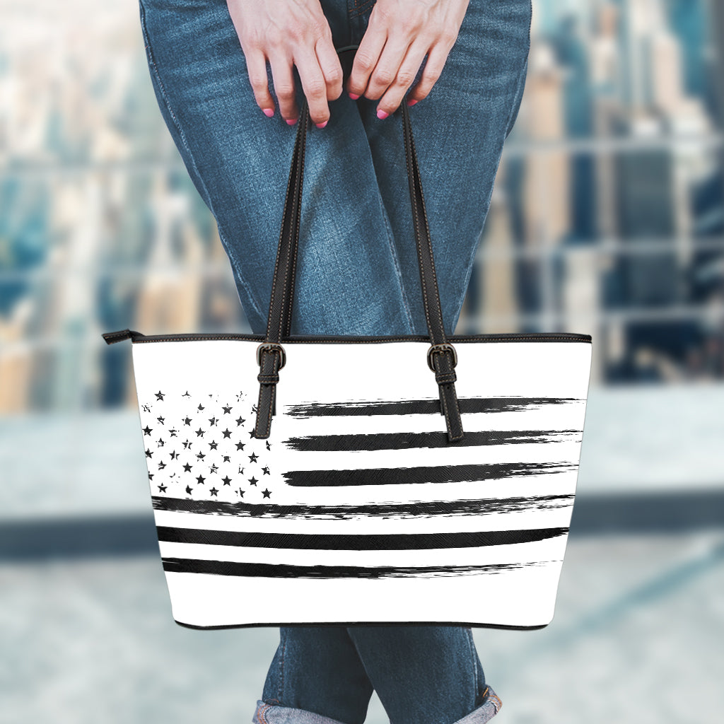 White And Black USA Flag Print Leather Tote Bag