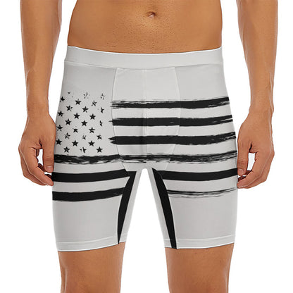 White And Black USA Flag Print Men's Long Boxer Briefs