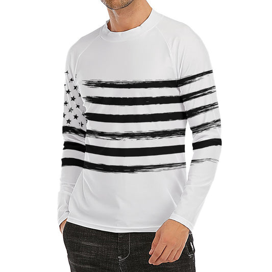 White And Black USA Flag Print Men's Long Sleeve Rash Guard