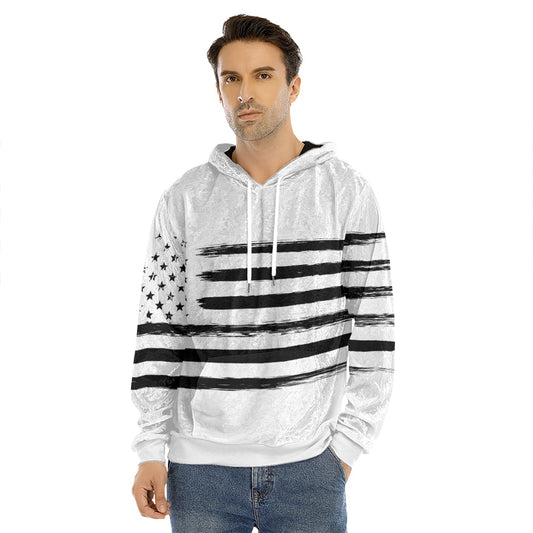 White And Black USA Flag Print Men's Velvet Pullover Hoodie