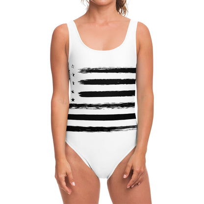 White And Black USA Flag Print One Piece Swimsuit