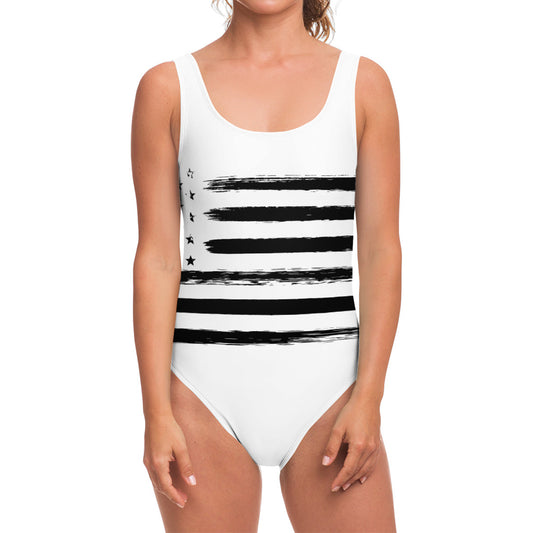 White And Black USA Flag Print One Piece Swimsuit