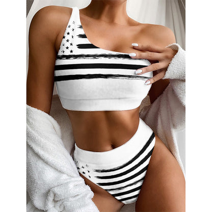 White And Black USA Flag Print One Shoulder Bikini Top