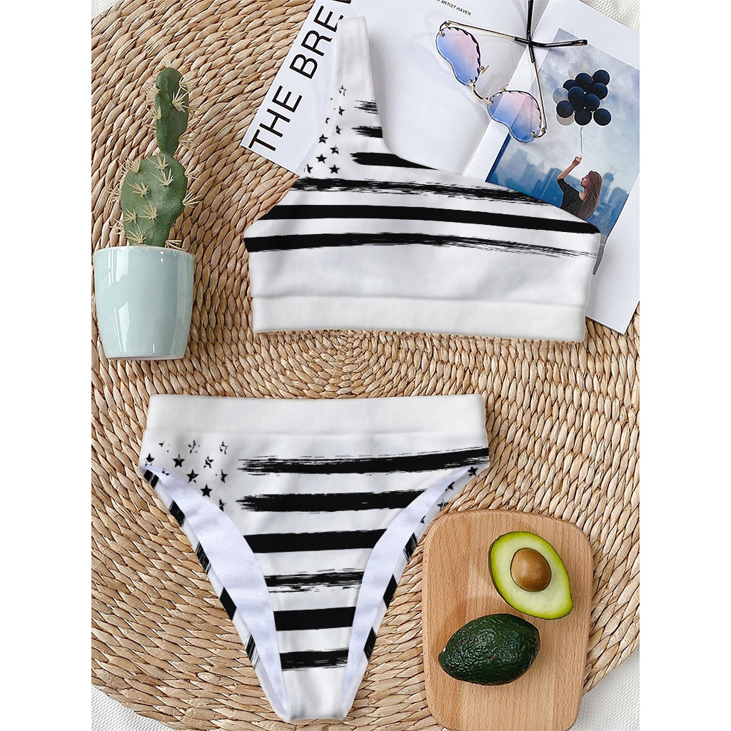 White And Black USA Flag Print One Shoulder Bikini Top