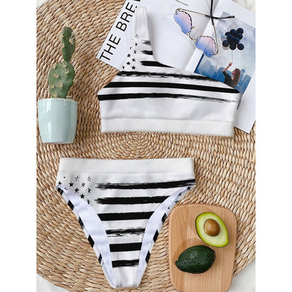 White And Black USA Flag Print One Shoulder Bikini Top