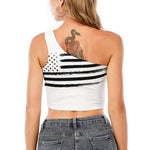 White And Black USA Flag Print One Shoulder Crop Top