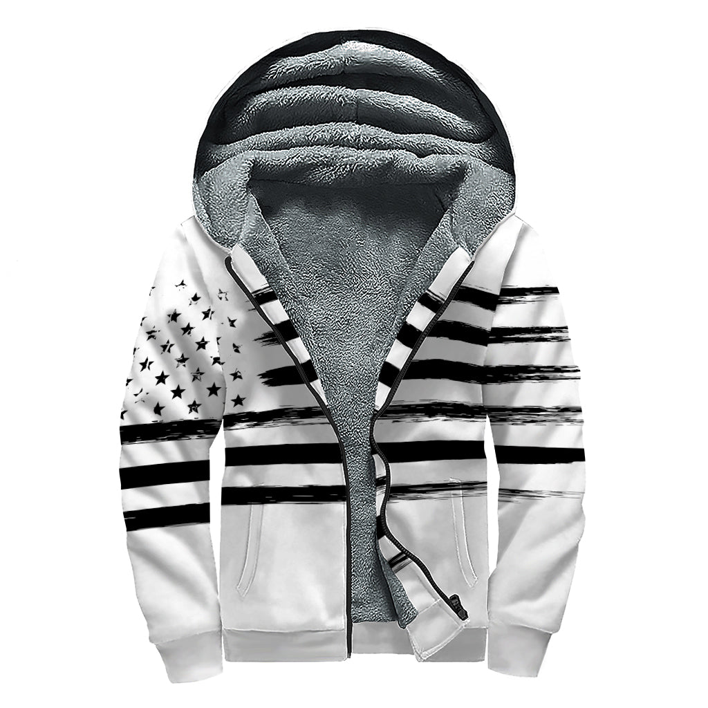 White And Black USA Flag Print Sherpa Lined Zip Up Hoodie
