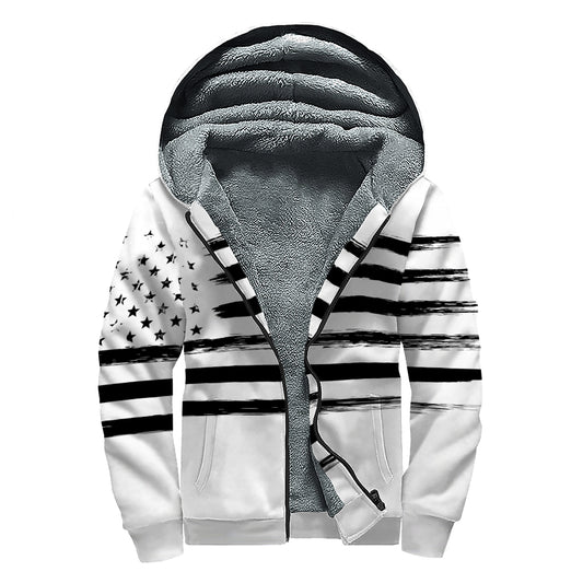 White And Black USA Flag Print Sherpa Lined Zip Up Hoodie