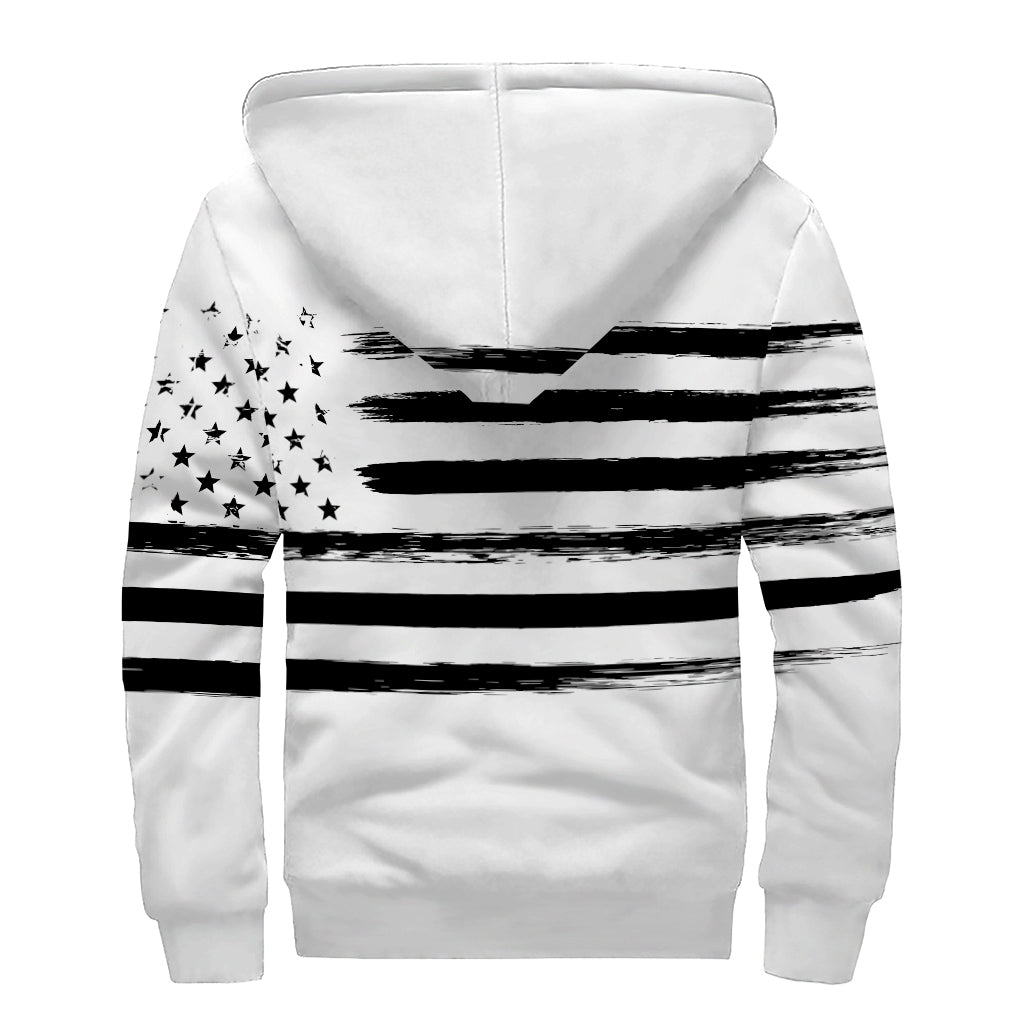 White And Black USA Flag Print Sherpa Lined Zip Up Hoodie