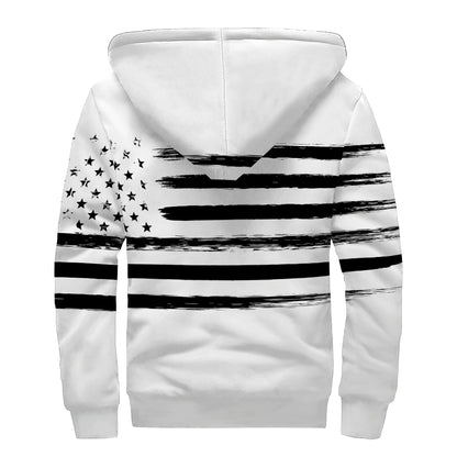 White And Black USA Flag Print Sherpa Lined Zip Up Hoodie
