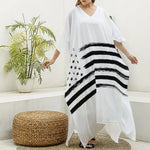 White And Black USA Flag Print Silk V-Neck Kaftan Dress