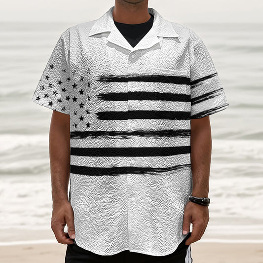 White And Black USA Flag Print Textured Short Sleeve Shirt