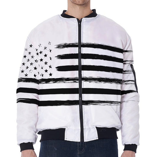 White And Black USA Flag Print Zip Sleeve Bomber Jacket