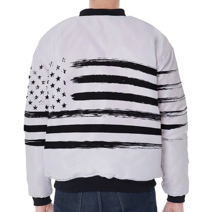 White And Black USA Flag Print Zip Sleeve Bomber Jacket