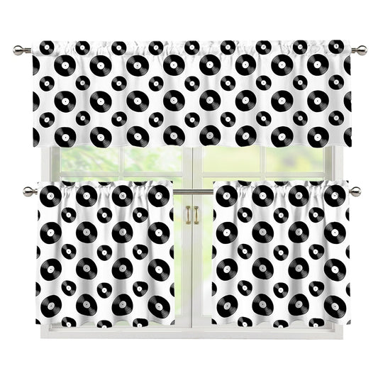 White And Black Vinyl Pattern Print 3 Piece Kitchen Curtains