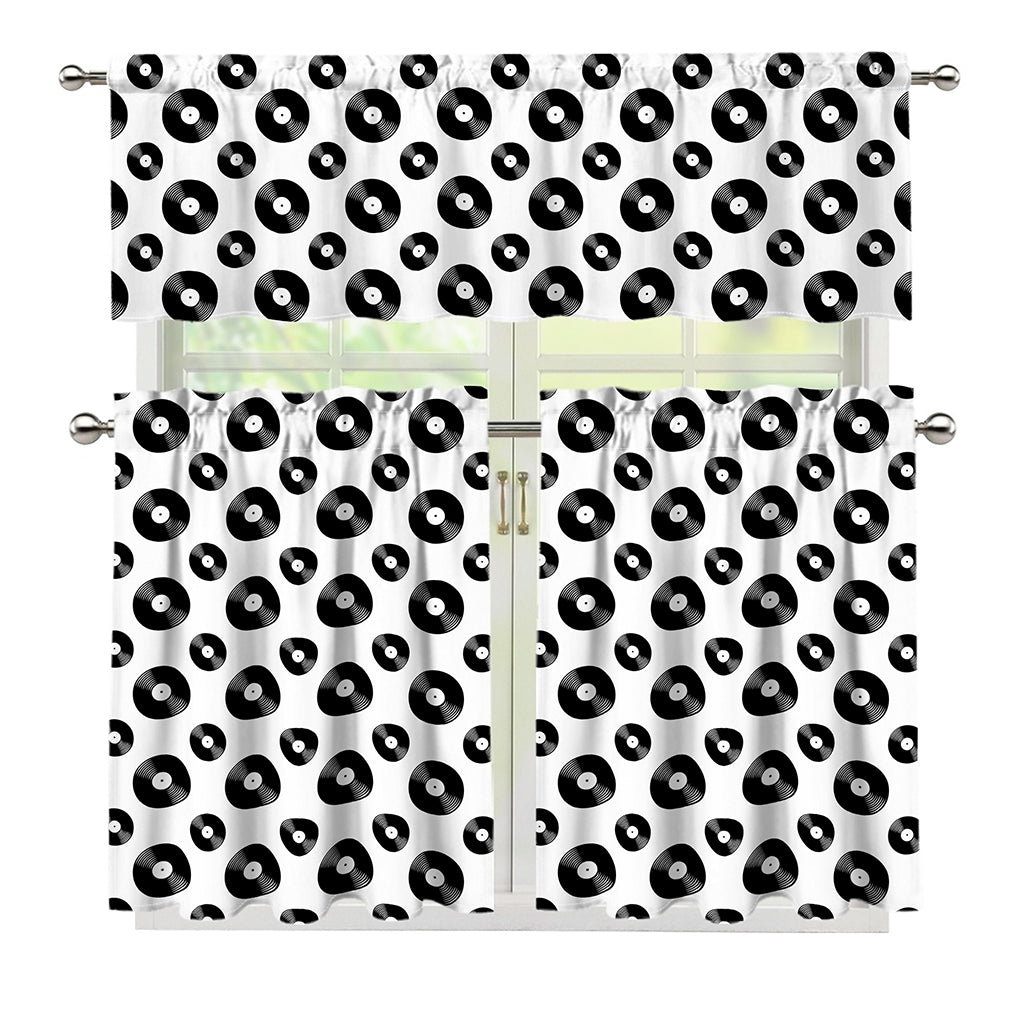 White And Black Vinyl Pattern Print 3 Piece Kitchen Curtains
