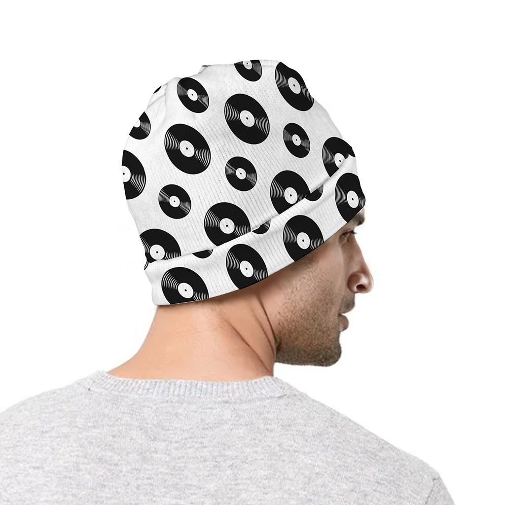 White And Black Vinyl Pattern Print Beanie