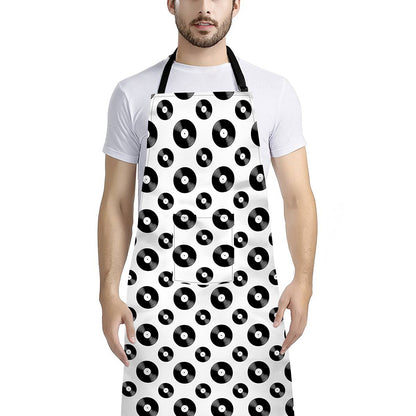 White And Black Vinyl Pattern Print Bib Apron With Pocket