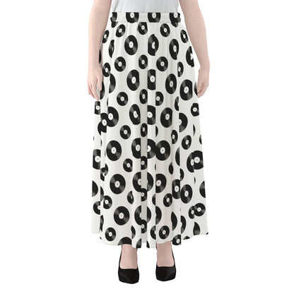 White And Black Vinyl Pattern Print Chiffon Maxi Skirt