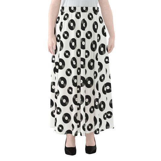 White And Black Vinyl Pattern Print Chiffon Maxi Skirt