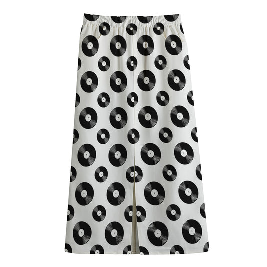 White And Black Vinyl Pattern Print Cotton Front Slit Maxi Skirt