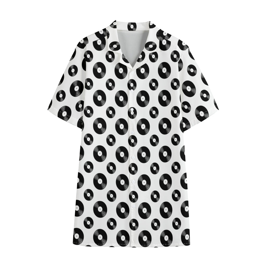 White And Black Vinyl Pattern Print Cotton Hawaiian Shirt