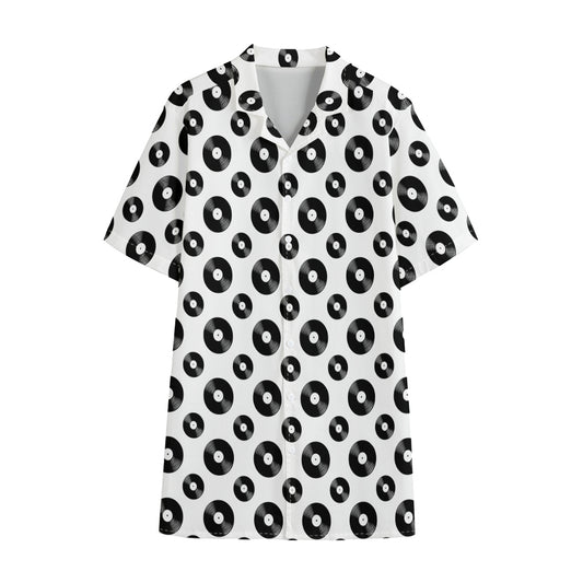 White And Black Vinyl Pattern Print Cotton Hawaiian Shirt