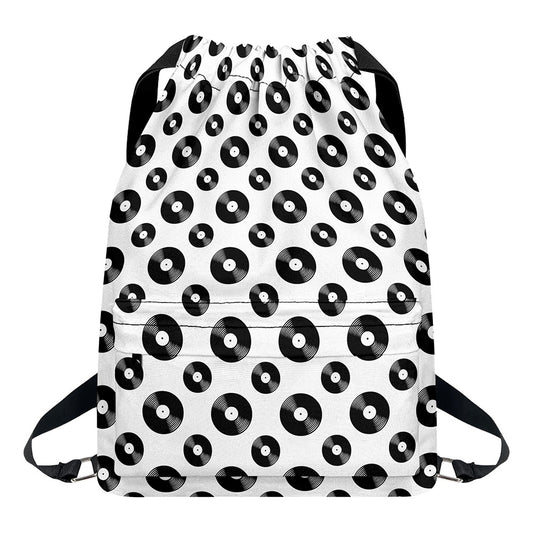 White And Black Vinyl Pattern Print Drawstring Backpack