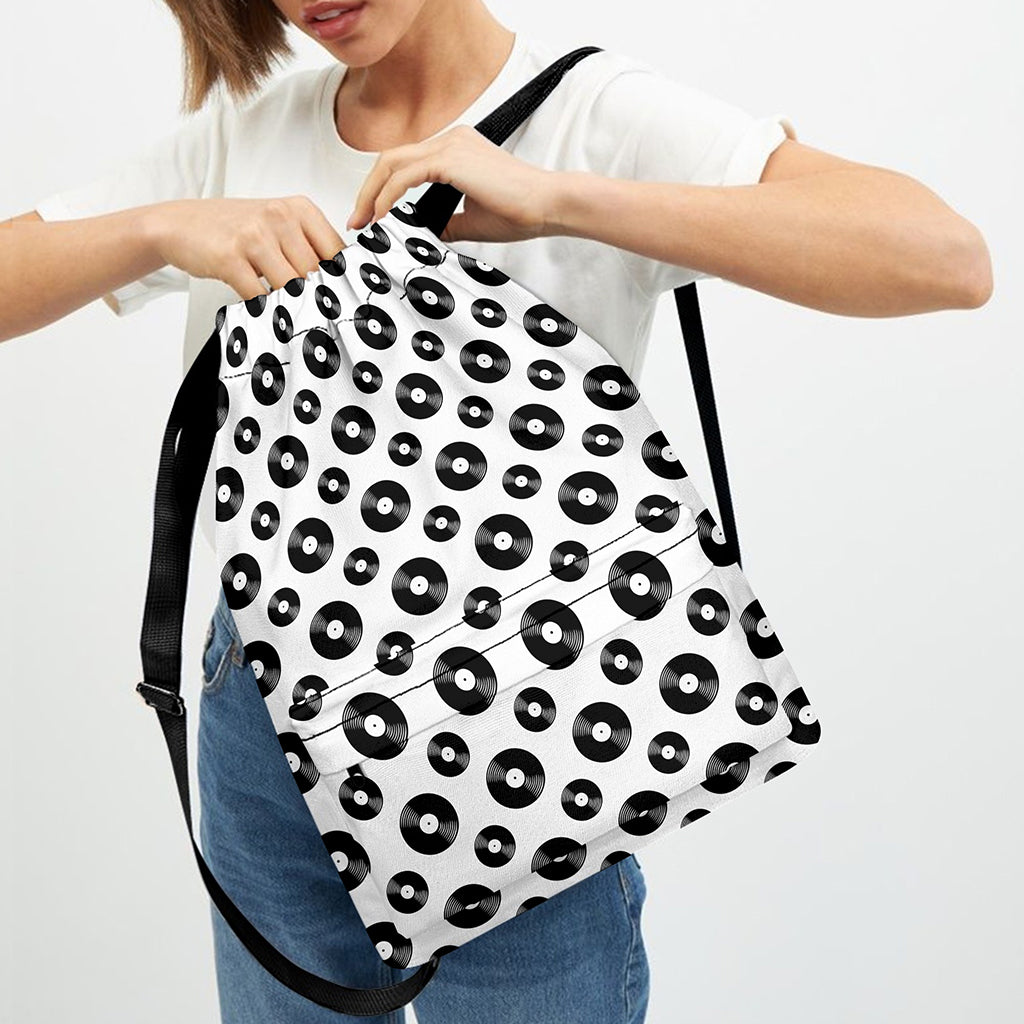 White And Black Vinyl Pattern Print Drawstring Backpack