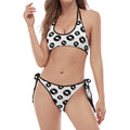 White And Black Vinyl Pattern Print Halter Scoop Tie Side Bikini