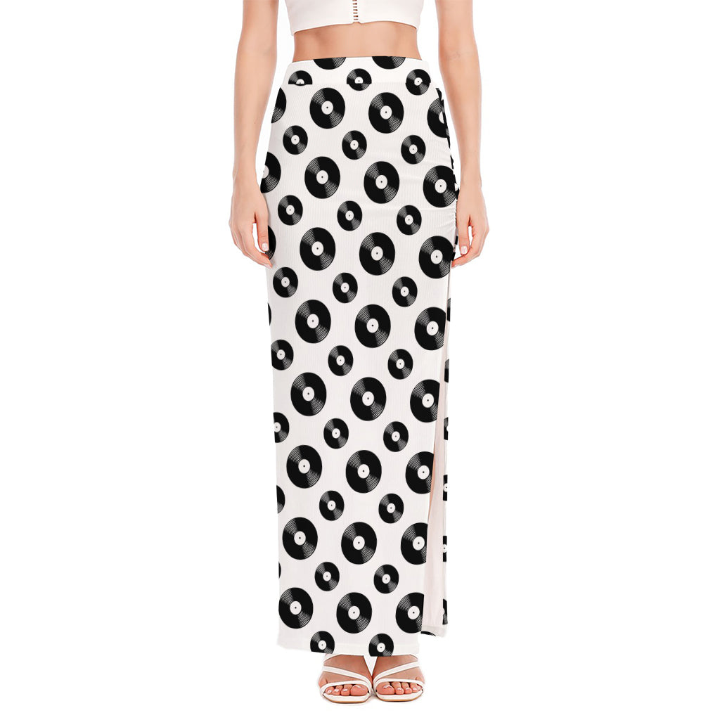 White And Black Vinyl Pattern Print High Slit Maxi Skirt