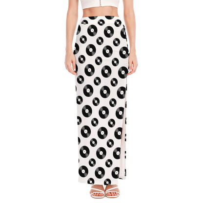White And Black Vinyl Pattern Print High Slit Maxi Skirt