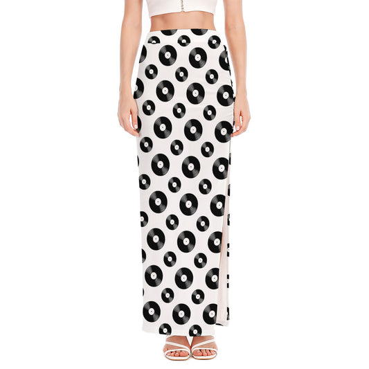 White And Black Vinyl Pattern Print High Slit Maxi Skirt