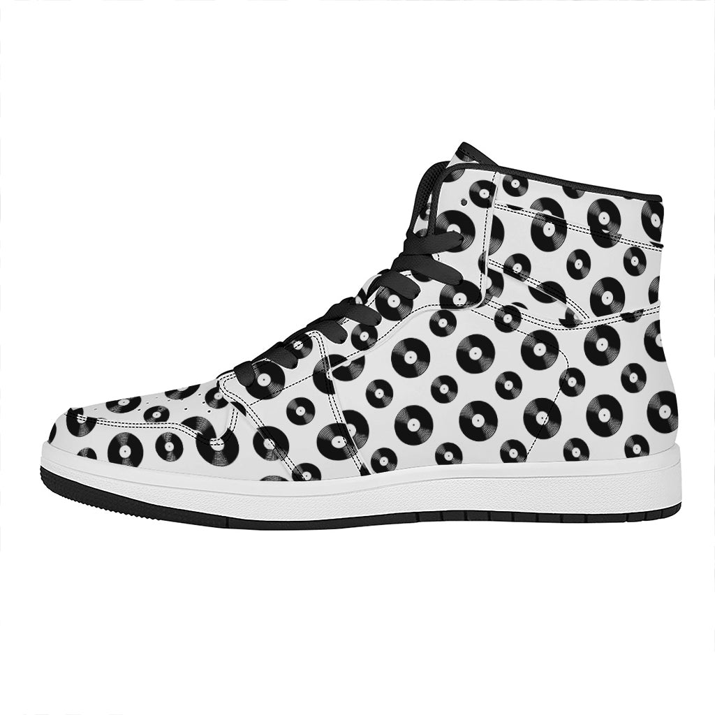 White And Black Vinyl Pattern Print High Top Leather Sneakers