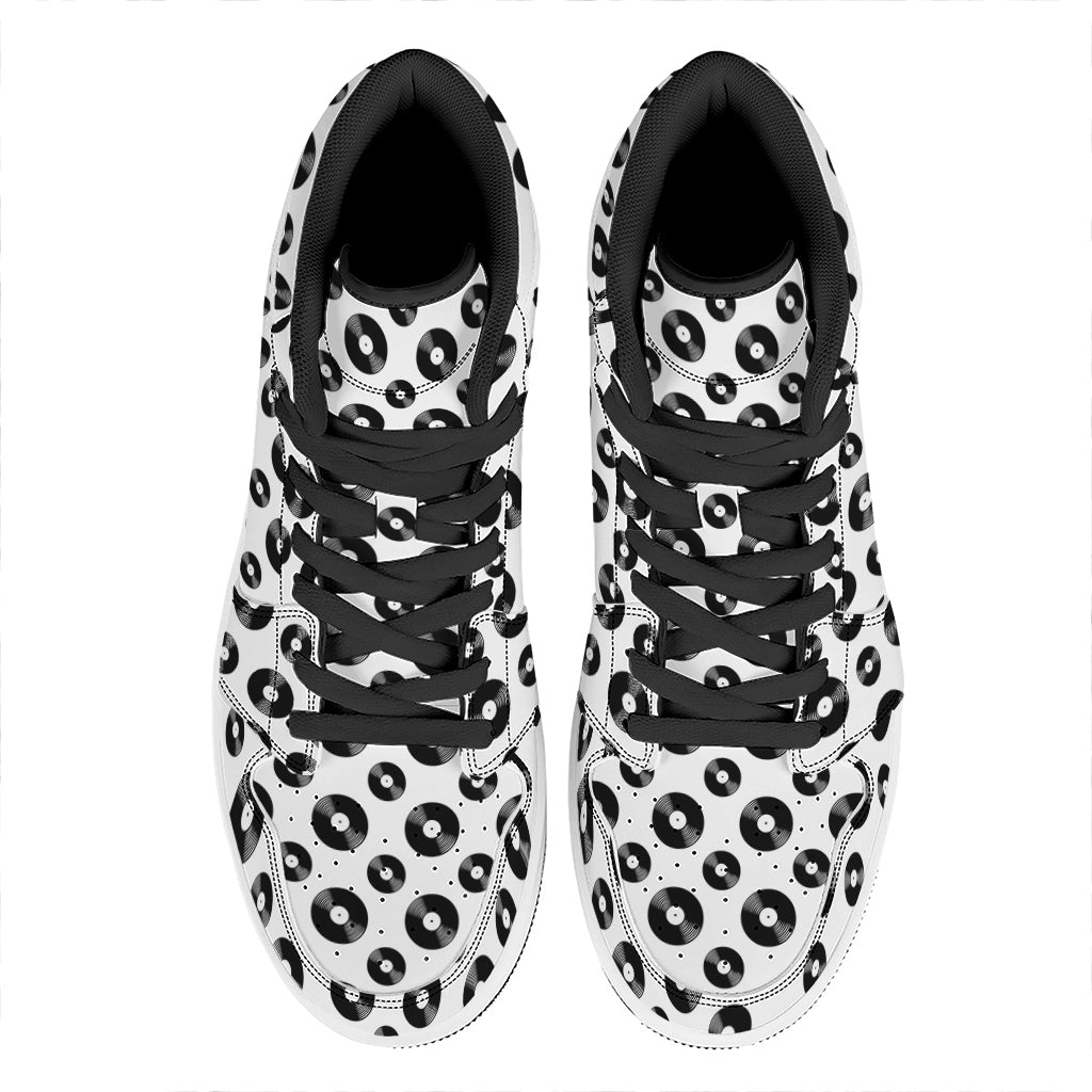 White And Black Vinyl Pattern Print High Top Leather Sneakers