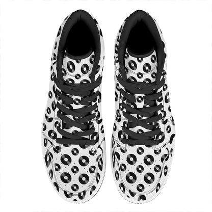 White And Black Vinyl Pattern Print High Top Leather Sneakers