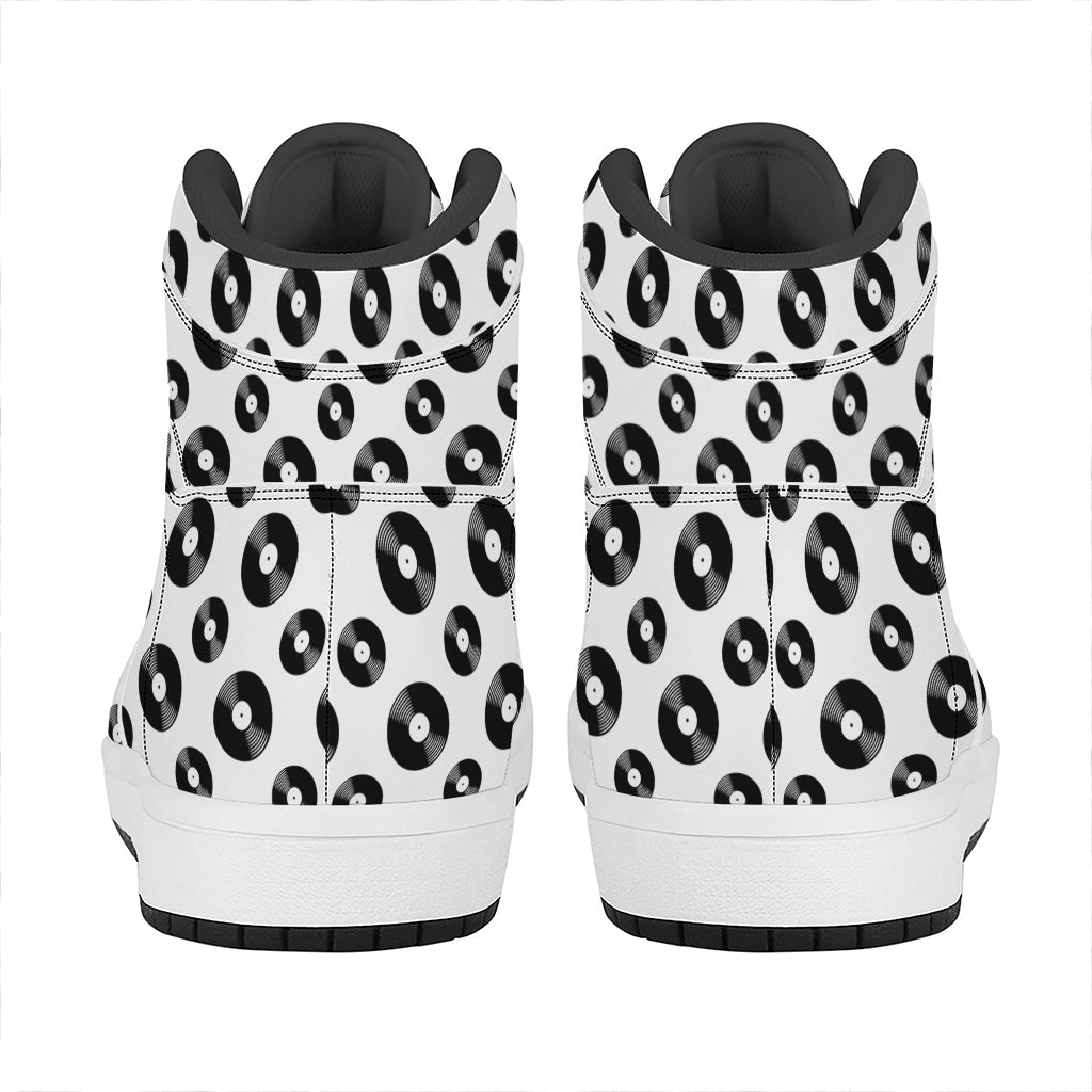 White And Black Vinyl Pattern Print High Top Leather Sneakers