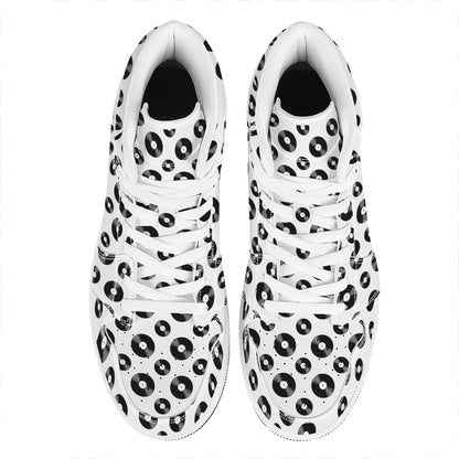 White And Black Vinyl Pattern Print High Top Leather Sneakers