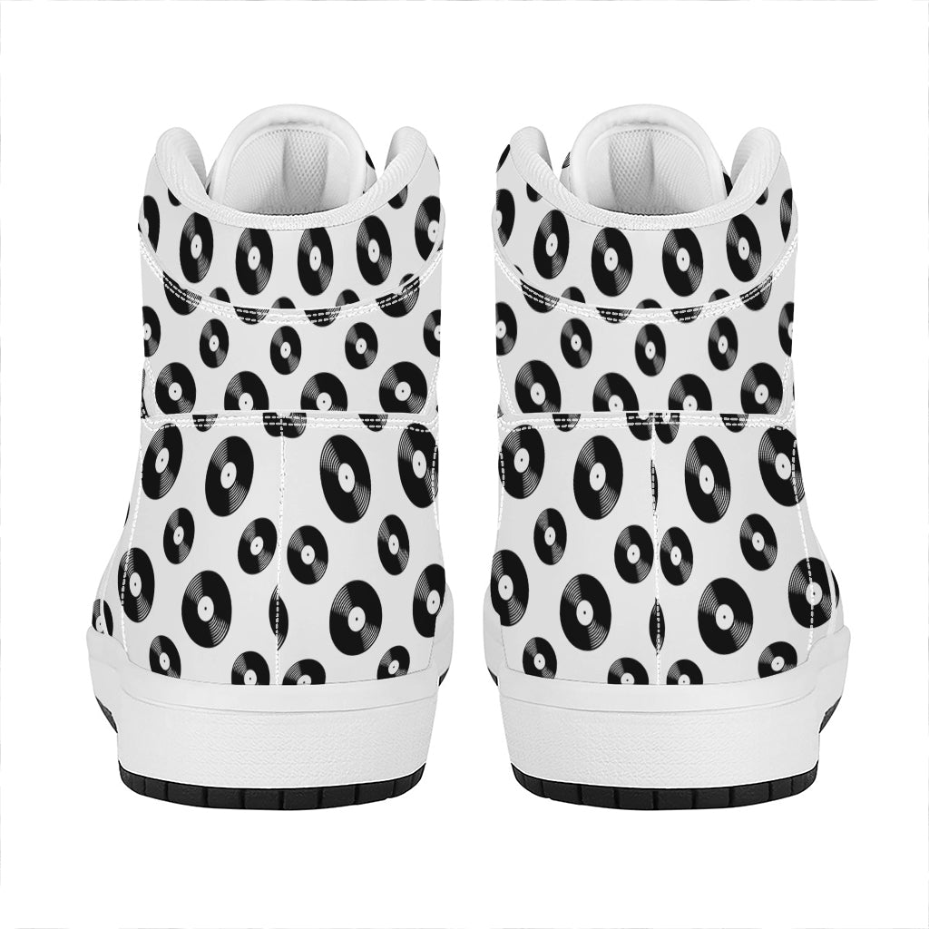 White And Black Vinyl Pattern Print High Top Leather Sneakers