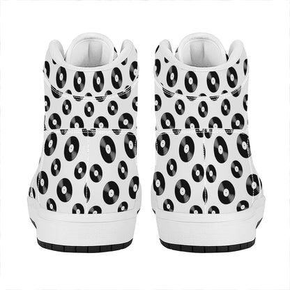 White And Black Vinyl Pattern Print High Top Leather Sneakers