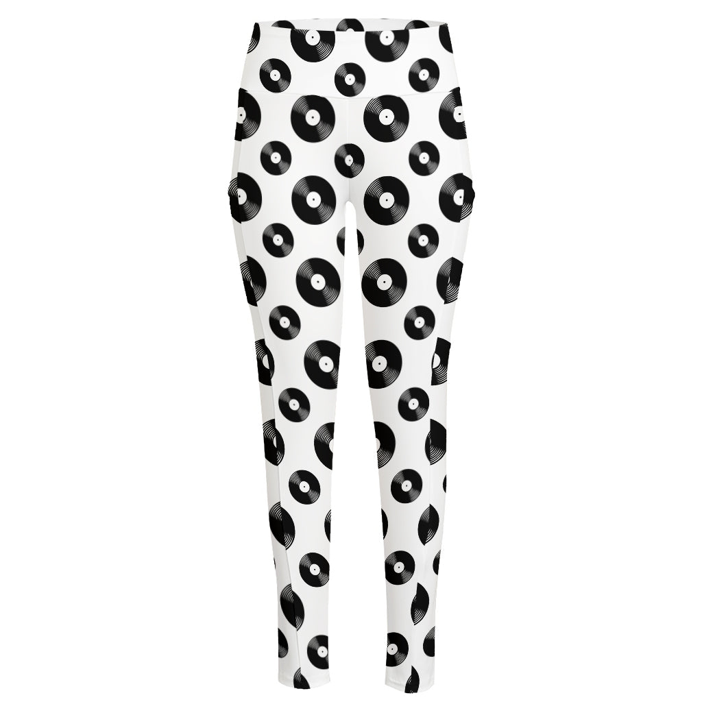 White And Black Vinyl Pattern Print High-Waisted Pocket Leggings
