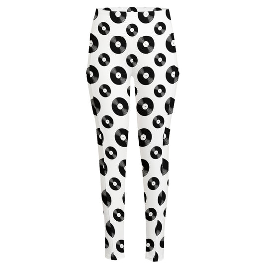 White And Black Vinyl Pattern Print High-Waisted Pocket Leggings